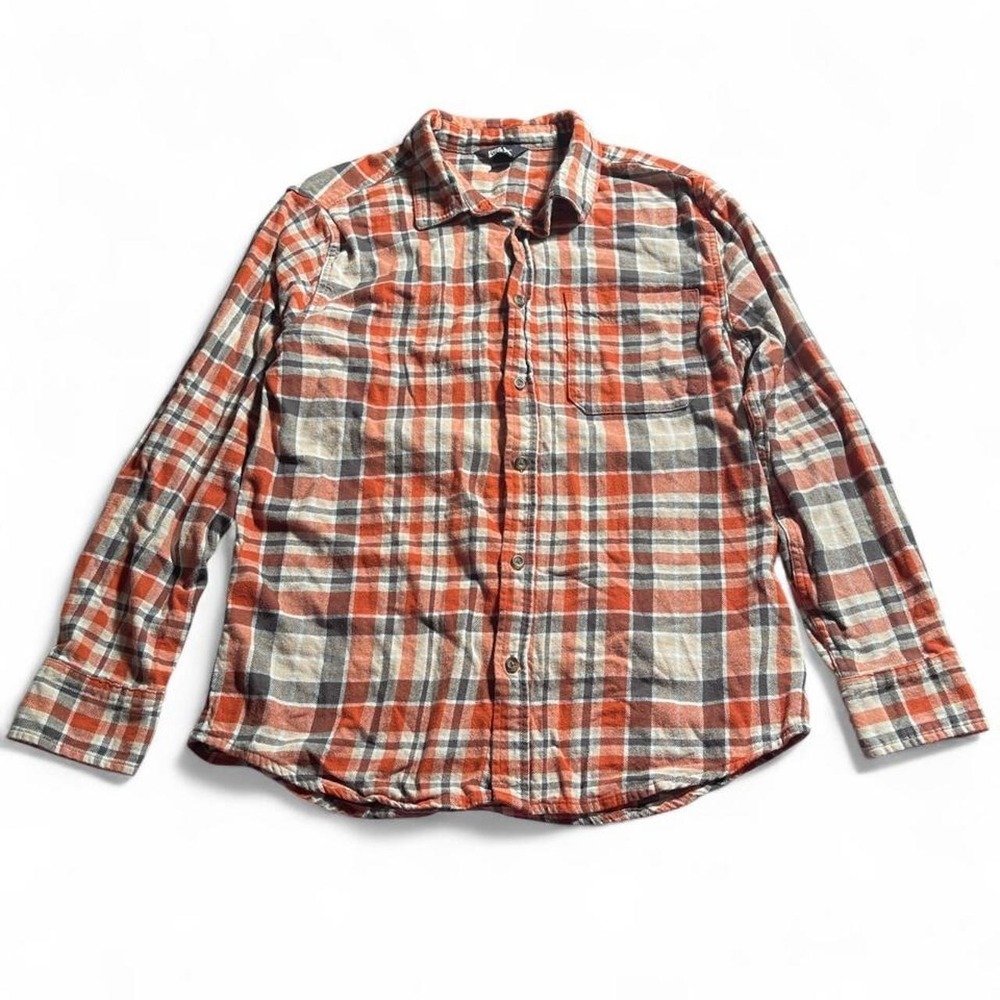 Eddie Bauer Mens Flannel Button Down Shirt Orange Grey Plaid Long Sleeve Large